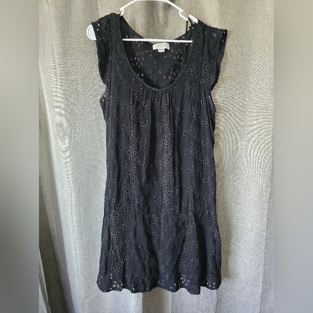 Velvet By Graham Spencer Anthropologie Black Eyelet Drop Waist Dress Size S